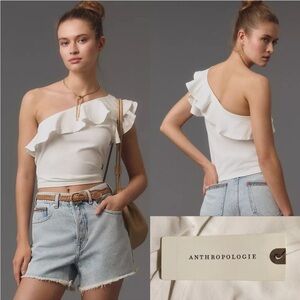 Anthropologie 3X White Summer One Shoulder Ruffle Top NWT